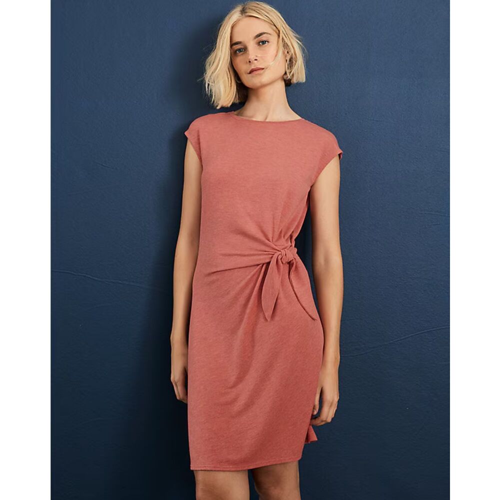 NEW Garnet Hill Large dress midi orange tie ruched stretch round neck knit